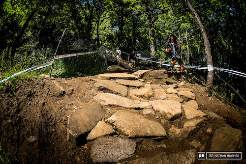 The shark-fin drop in the middle woods will now launch riders onto a sketchy slab landing.