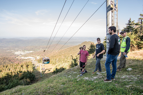 Neko Mulally discussing the future US Open DH track from the summit of the K1 Peak with long time Killington trail builder Rosey, Clay Harper, Jordan Newth, and Zach Faulkner.