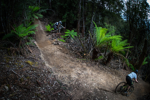 This is a step-up hip, an excavator dug feature on a largely hand dug and steeeeep trail, the In-Fern-O. The guys were sessioning this for a while.Super floaty in the manferns.