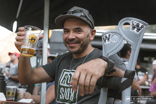 Previous Master's champs and Chilean racing legend Felipe Vasquez is sitting things out this year.  A broken ankle may be keeping him off the bike, but he still has two free hands for each day's afterparty.