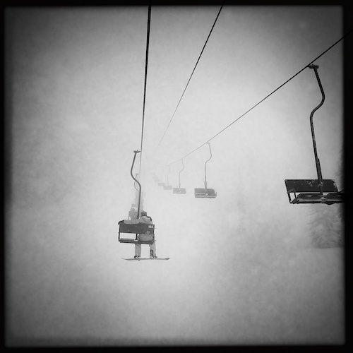 into the fog on the chairlift.