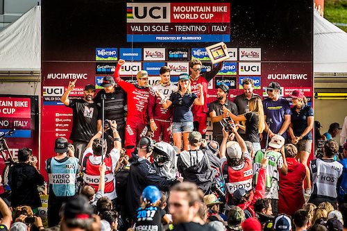 The Syndicate celebrates on the podium at Val Di Sole, Italy; Photo: Syndicate