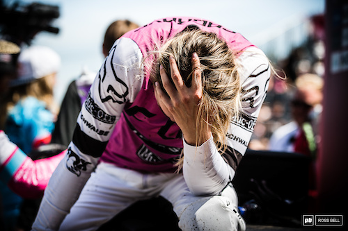 The physical beast took it's toll on riders by the bottom. Tahnee Seagrave with her head in her hands, watching that overall slip a little further into the distance.