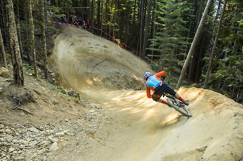 Legend Stevie Smith racing the A Line Air DH race held during the 2015 Crankworx festival held in Whistler Bike Park