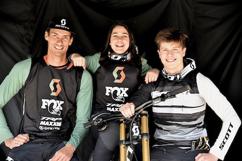 Scott DH Factory Riders Florent Payet, Marine Cabirou and junior rider Louis Gaillet.