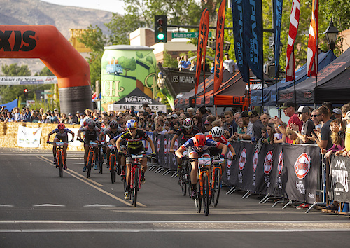 Haley Batten holds off a charging Chloe Woodruff and World Champion Kate Courtney to win the El Yucateco Fat Tire Crit on Friday evening in downtown Carson City.