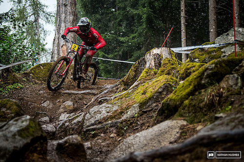 Some of the heaviest rain fell while Amaury Pierron was on the hill and even that could only hold him back as far as 5th place.