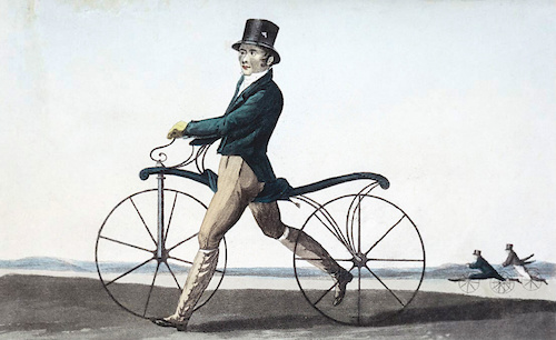 The bicycle has come a long way since the 1820s. Lithograph of Denis Johnson's son sending it on his velocipede.