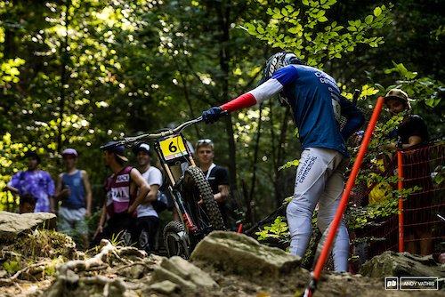 Bad luck for Benoit Coulanges as he blows out a tire right above the rock garden.