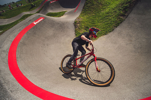 Participant races at the Red Bull UCI Pump Track at The Jones Center in Springdale, Arkansa, USA on 22 May, 2021