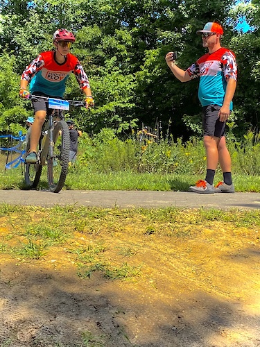 Father and son on race day shredding.