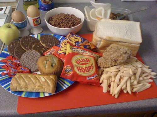 Bowl of Coco pops, Chicken & chips, 10 Biscuits, 2 x bags of Crisps, Chocolate 2 x eggs, 6 Slices of Bread with various fillings, Apple, Sausage Roll, a Chinese Meal and a little Cake! Lets also not forget the fizzy pop I get through too!