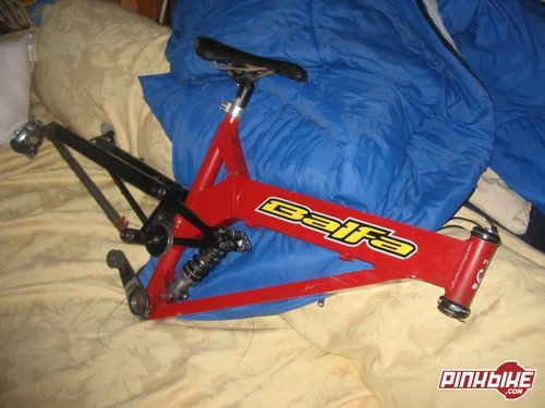 '99 BB7 frame. I just got it a month ago and its to much frame for me. Although its a 99, it runs greats. It has a great Stratos Helix Pro shock, with rebound, compression, lock out, and air preload adjustment. On top of all that, it comes with a FSA PIG DH PRO. Sealed bearings, the whole works. Comes with a titec PRO seat post. Great shape. Comes with the balfa chainguide, and older titec seat and a Shimano SORA derr.  It will also come with radius disk brakes and one rotar. Amazing deal. It has some scratches and such, but nothing major.