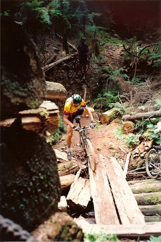 trying to ride a log bridge - wasn't quite as good at it back in 1994...