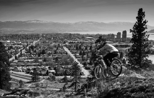 "Dropping" into the waterfall at Knox looking over downtown Kelowna - Laurence CE - www.laurence-ce.com