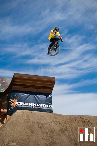 Cam McCaul thinks about the front flip in practice at Crankworx Colorado...