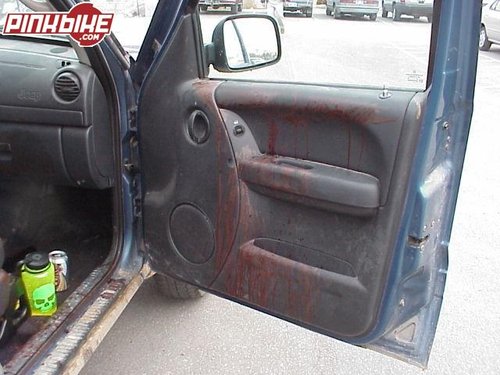 Tis what a car door looks like after you shoot yourself in the leg inside the car.