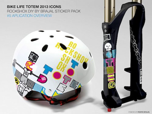 Hi everyone , this is my idea for sticker and product mood for the Totem fork. It's based on creating your own totems with actual bike life stuff. The possibilities are infinite and modular, and you can choose between two kinds of color scheme, colorful or black/silver on your fork. (they are all pre cut individually of course, you choose the objects!) Hope you enjoy. Colors: PMS - Cyan PMS - Magenta PMS - Yellow PMS - Black PMS - 877 (silver) White as supplied on the original file.