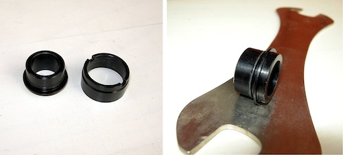 The new 142 12mm front endcap left next to the original 20mm endcap. Notice the O-ring right behind the flange that retains the new 142 12mm endcap inside the Mavic hub axle. The O-ring locks the new endcap in place.