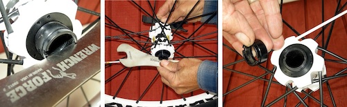 Starting with the front hub find the notches in the 20mm endcaps and fit the edges of the cone wrench and Mavic bearing adjust tool in the slots on opposite ends. Unscrew counter-clockwise and one endcap will come off.