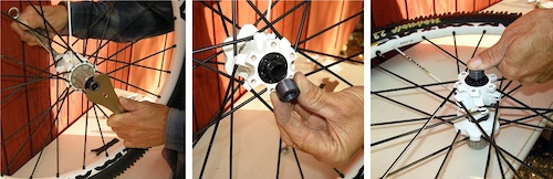 After you have adjusted the hub bearings slip the 14mm wrench on the left side axle and use the 17mm cone wrench to tighten the drive-side endcap snug is good don t overdo it . Slide the let-side endcap onto the axle and then snap it into place with hand pressure.
