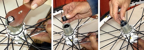 With the 14mm wrench in place on the axle unscrew the drive-side endcap with the 17mm cone wrench. The quick-release plug will come off with the endcap. Now thread in the new 142 12mm endcap hand tight.