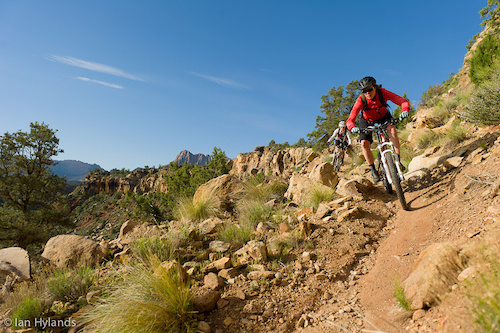 Brook Baker and Katrina Strand riding the Grafton Mesa Trail near Rockville in Utah.