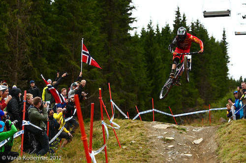 Josh Bryceland flying over the Norwegian crowds. 4th fastest!