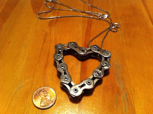 Bike chain heart necklace for my gf.
Front side