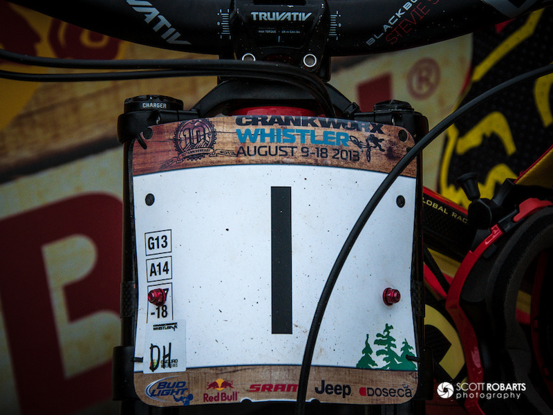 Stevie Smith's number plate. 

Canadian Open Downhill - Crankworx 2013