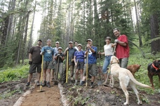 Staff and volunteers doing trail maintenance on the remote but stellar Kettle Crest area trails in NE WA as part of Evergreen Mountain Bike Alliance's annual Kettle Fest.
