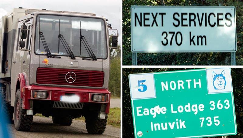 Day 1 of our trip. We drove from Whitehorse in the Southern Yukon to the Dempster Highway which goes to Inuvik on the McKenzie delta which then in turn flows to the Beaufort Sea Artic Ocean. Signs warn you that you re way out there. Germans who bring their crazy lifted 4x4s over from the EU to Canada take their gravel road excursions very seriously
