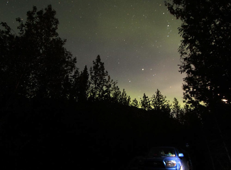 Day 3 of our trip.  Aurora at Engineer Creek campground at the foot of Sapper Hill