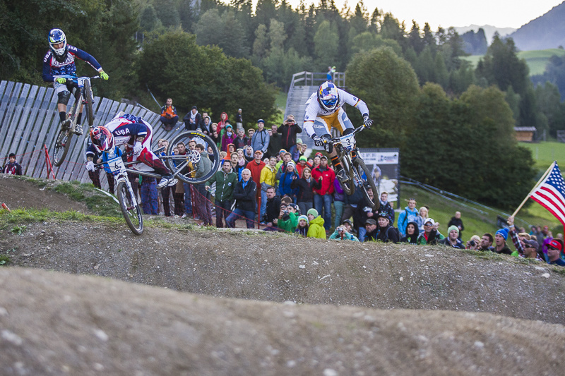 US bmx racer Barry Nobles pulling out the best moto style ive ever seen during the UCI 4x Mountain Bike World Championships at Leogang, Saalfelden, Austria, 21September,2013, Photo: Charles Robertson