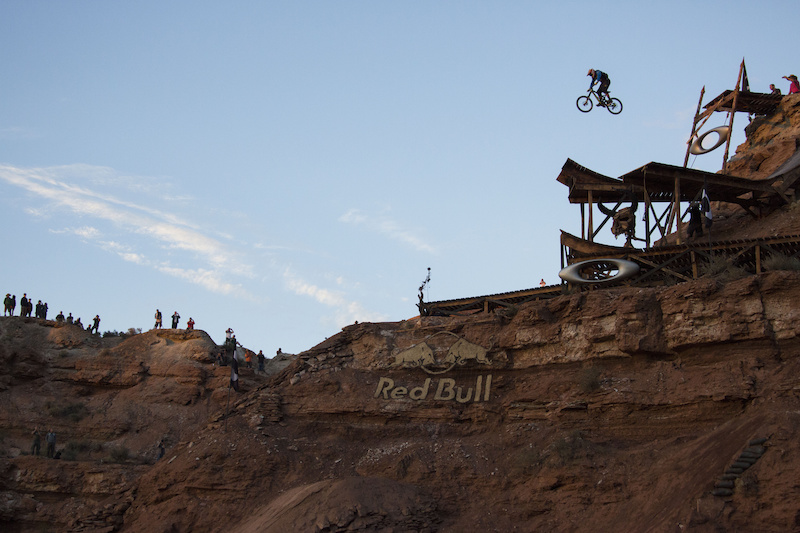 First person to ride away from the upper takeoff. Kyle cased it enough to bounce himself to the very bottom of the landing but he manages to stay on his bike.