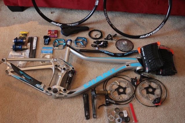 The mixed bag of parts, minus the X-Fusion fork and post, that will become Keith's new bike.