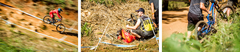 2014 UCI World Cup - Patrick Thome getting it wrong in the last rock garden ending up in the grass and an exploded seatpost.