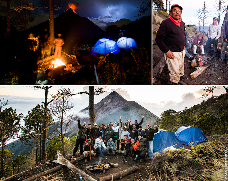 Campamento base a 3.000 m antes de comenzar la subida a la mañana siguiente con salida prevista para las 3 de la madrugada.  Una noche corta marcada por el rugido del volcán situado justo frente a ellos, El Fuego, que les regaló un espectáculo memorable con fantásticas erupciones de lava.