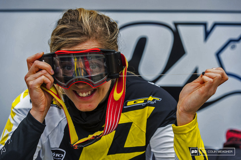 Pre-race jitters Not Rachel Atherton--she was goofing around in the pits playing with her new Oakley goggles all loaded up with a roll off in case it gets wet out there today.