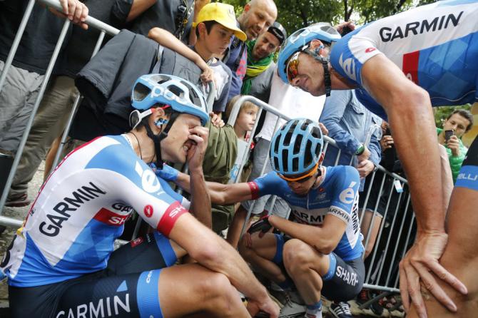 Jack Bauer is comforted by his teammates  after being picked up by the speeding peloton, just meters away from the stage win... 

Photo credit © Bettini Photo