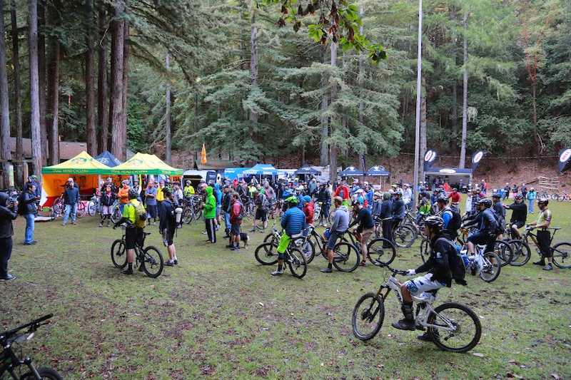 Packed early morning rider meeting at the sold out 2013 SCSE at Soquel Demonstration State Forest.