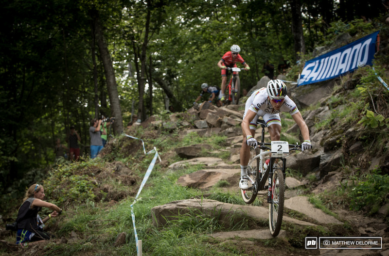 Nino Schurter got away early and established a sizable lead. He lead most of the race, only to trade position with Absalon.