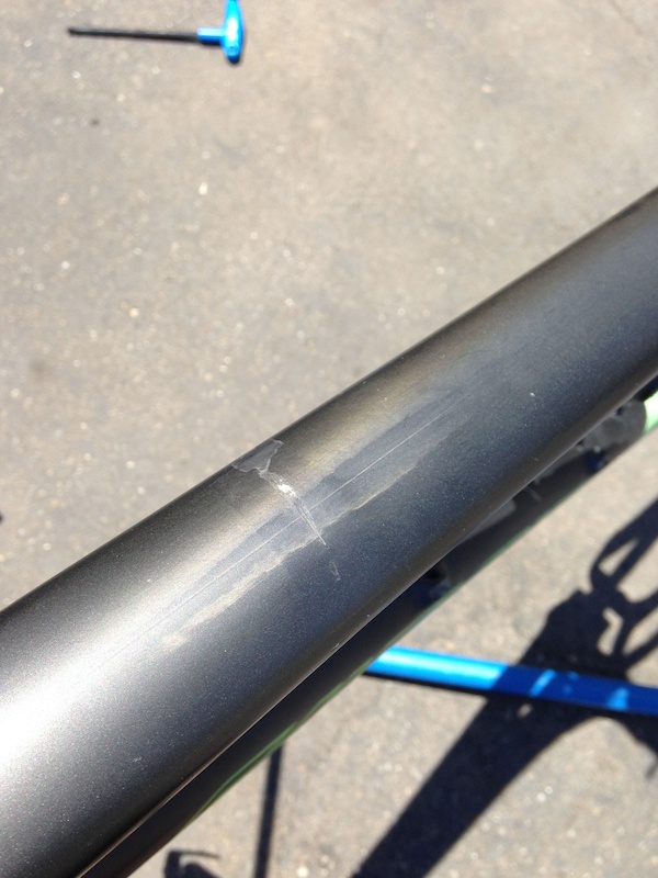 Blur TRc. Chip in gel coat due to reach adjust knob on brakes I was running. That is not a scratch running the length of the tube.
