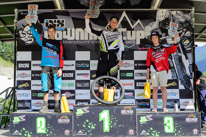 Prize giving ceremony at the Bikepark Serfaus-Fiss-Ladis during the Kona MTB Festival Serfaus-Fiss-Ladis.ROOKIES in Tyrol, Austria, on August 10, 2014.Free image for editorial usage only: Photo by Felix Schüller.