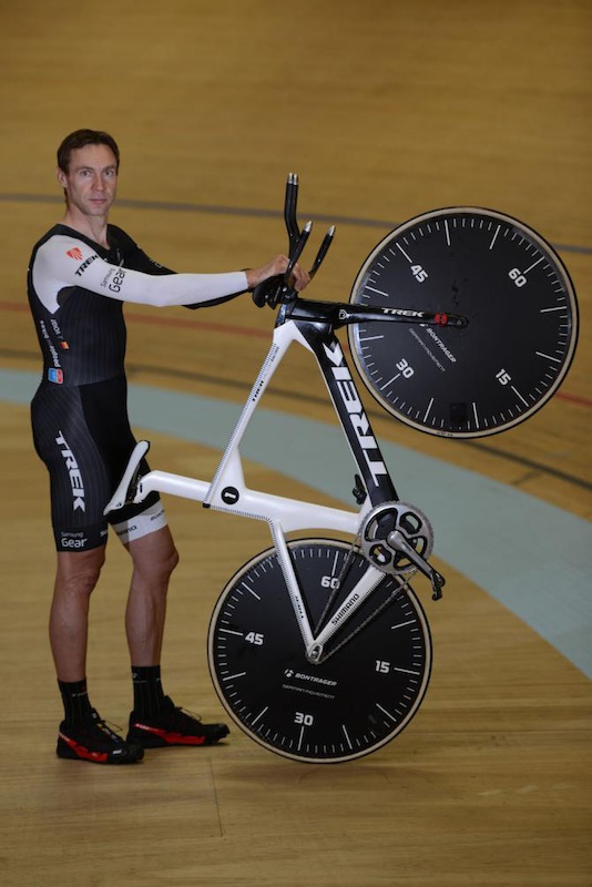 Jens Voigt (Trek Factory Racing) shows off his Hour Record bike.  He used a 55x14 gear on his regular XL Trek Speed Concept 9 Series...

Photo credit © Maxime Schmid