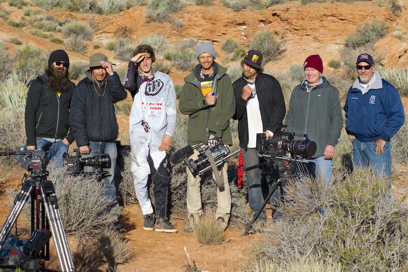 Brandon Semenuk poses with the Freeride Entertainment Camera Crew after his successful backflip shot while filming for the movie Rad Company in Virgin, Utah, USA on 28 March 2014. // John Gibson/Red Bull Content Pool // P-20140625-00138 // Usage for editorial use only // Please go to www.redbullcontentpool.com for further information. //