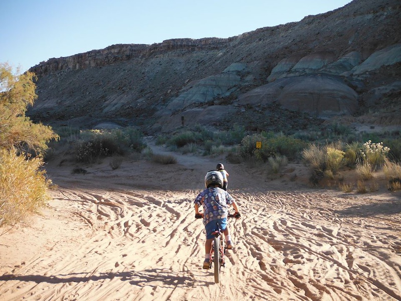 Klondike Bluff trail in Moab, UT is a great trail for kids. It is about 3 mi. up, and 3 mi. back with dino tracks along the way to keep them motivated for the small climbs:)