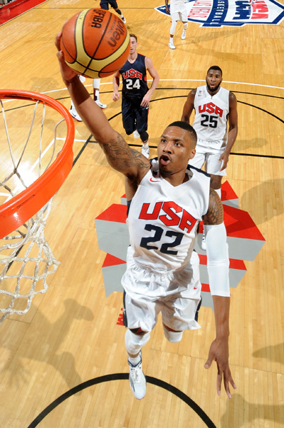 LAS VEGAS, NV - AUGUST 1: Damian Lillard #22 of the USA White Team shoots during the USA Basketball Showcase at the Thomas &amp; Mack Center at the University of Nevada, Las Vegas on August 1, 2014 in Las Vegas, Nevada. NOTE TO USER: User expressly acknowledges and agrees that, by downloading and/or using this photograph, user is consenting to the terms and conditions of the Getty Images License Agreement.  Mandatory Copyright Notice: Copyright 2014 NBAE (Photo by Andrew D. Bernstein/NBAE via Getty Images)