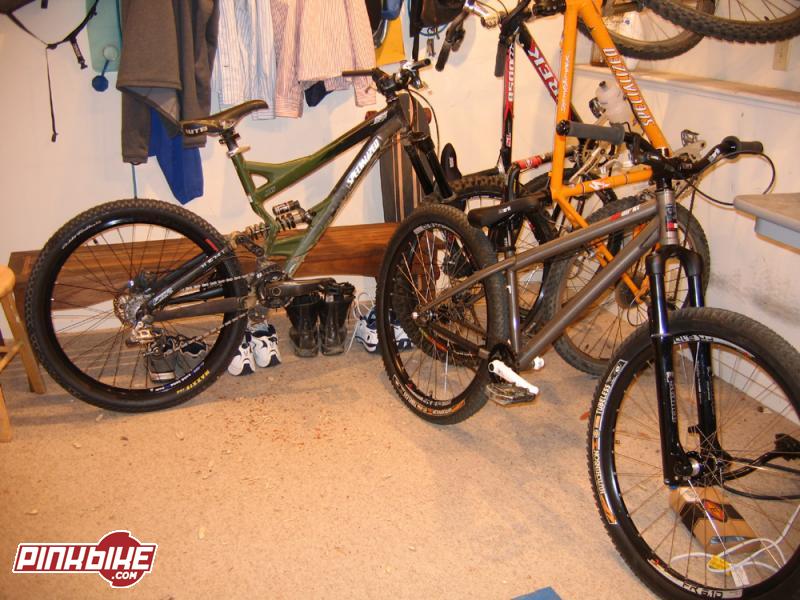 2006 SBC Enduro SX Trail I with new Easton Monkeylite DH carbon handlebars, new Easton Flatboy pedals, WTB Dual Duty wheelset (rear temp. with Holy Roller). 2007 Black Market Riot with Chris King/DT wheels, Deity cranks, Black Market sprocket, stem, bars, seat, seatpost, ODI grips, Deore rear disc brake, Manitou Stance fork.