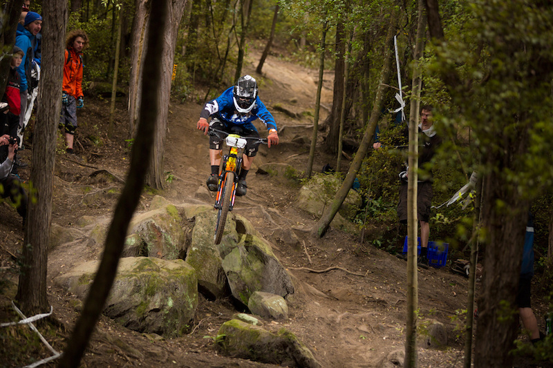 Reon Boe launches the rockpile during stage four of at the Urge 3 Peaks Enduro mountain bike race held in Dunedin, New Zealand, December 6-7, 2014.